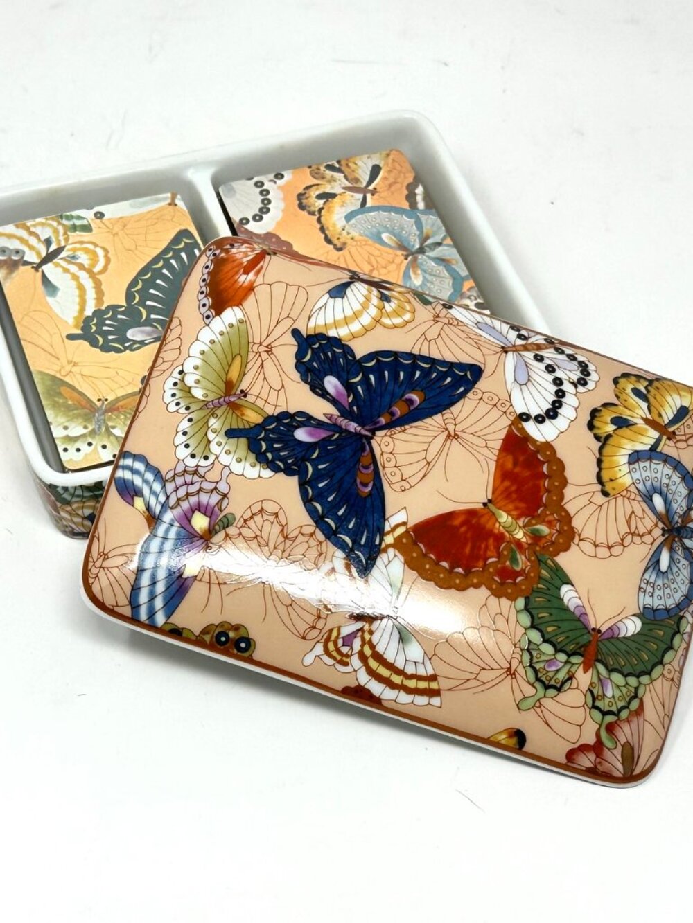 Vtg. Neiman Marcus Porcelain Playing Card Holder/Trinket Dish w/lid Box Japan